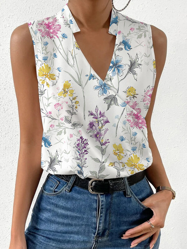 Элегантная женская рубашка с цветочным рисунком, Офисная рубашка без рукавов с V-образным вырезом, модная облегающая Простая рубашка, лето 2024