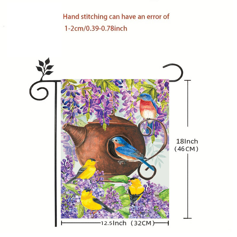 Impressão Dupla Face Bandeira Do Jardim, Birdie Flower Pattern, Decoração Do Pátio, Todas As Estações, Incluindo Bandeira Pole, 1 Pc