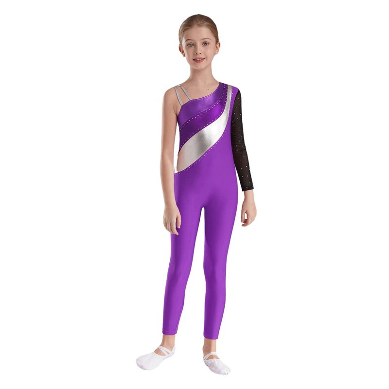 TiaoBug 어린이 소녀 체조 댄스 바디 수트, 피겨 스케이팅 공연용 긴 소매 점프수트, 한쪽 어깨 대비 색상