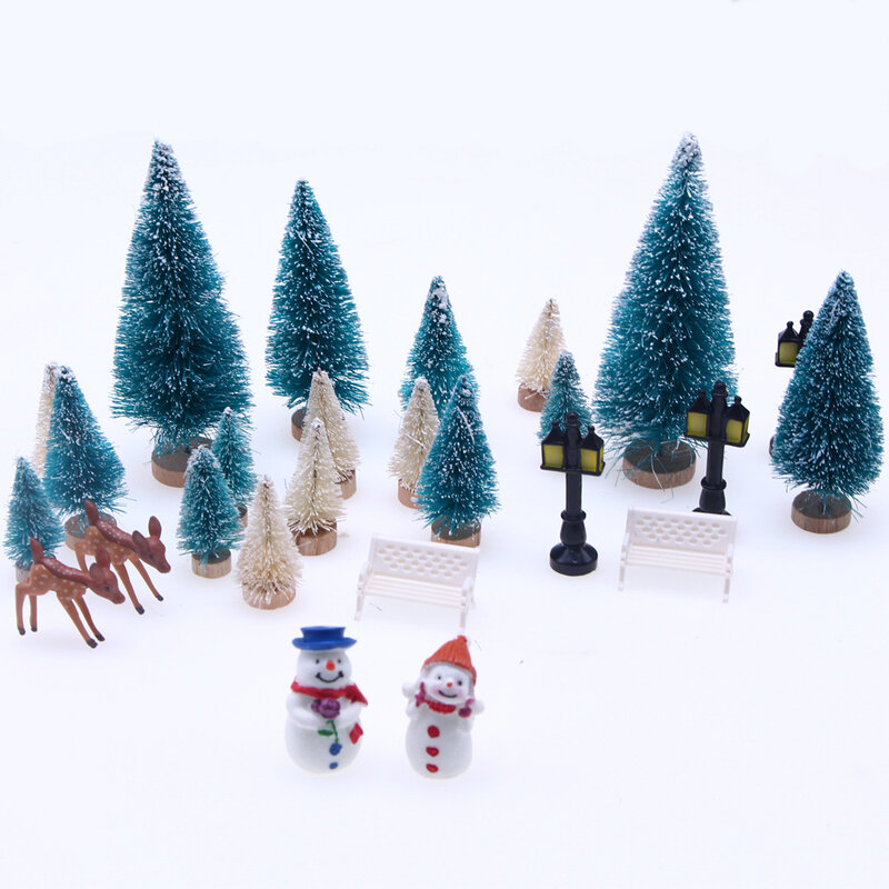 Rumah boneka miniatur pohon Natal manusia salju lampu jalan dekorasi ornamen pemandangan mikro pemandangan salju adegan Tahun Baru dekorasi aksesoris