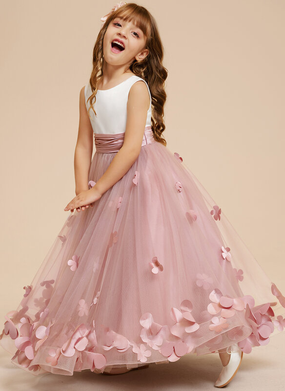 Бальное платье/платье принцессы длиной до пола Атлас/Тюлевое Цветочное платье для девочек/свадебные вечерние платья/платья для девочек с цветами/Изготовление на заказ