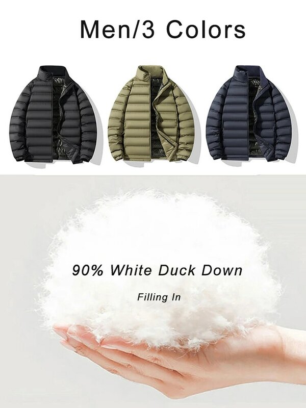 남성용 화이트 덕 다운 패딩 재킷, 스탠드 칼라, 경량 그래핀 히팅 라이너, 보온 바람막이 코트, 8XL, 겨울, 90%