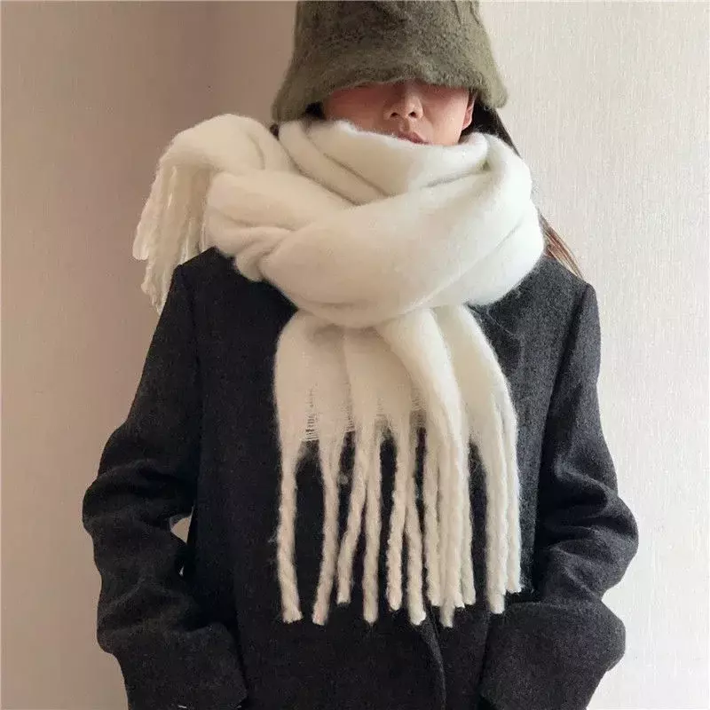 Women's Winter Mohair Scarf Solid Warm Thickened Cashmere Knitting Thick Tassel Shawl Scarf Women Men Couple Scarf Accessories