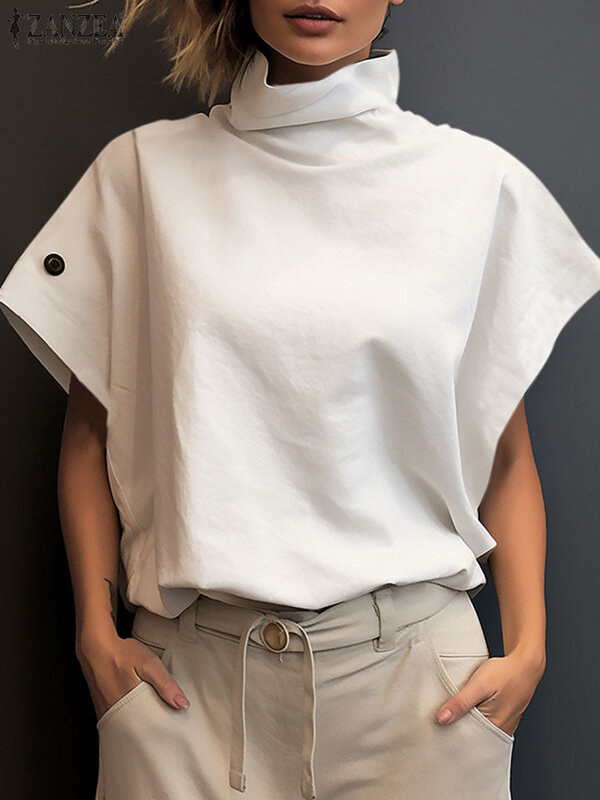 Letnia modna bluzka z krótkim rękawem ZANZEA damska bluza z golfem koszula biurowa elegancka elegancka koszulka Oversize bluzki do pracy
