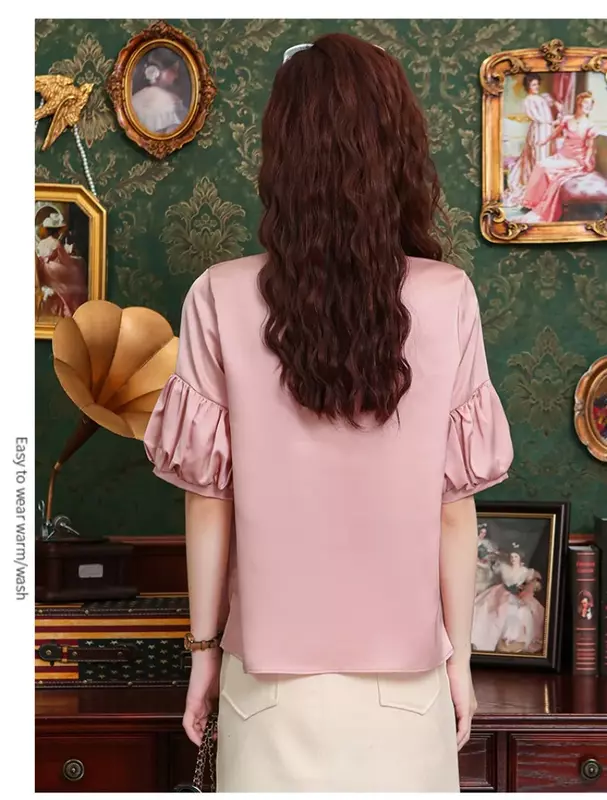 Ycmyunyan เสื้อเบลาส์สีพื้นวินเทจสำหรับผู้หญิงเสื้อแขนสั้นผ้าชีฟองสีชมพูฤดูร้อนเสื้อผู้หญิง