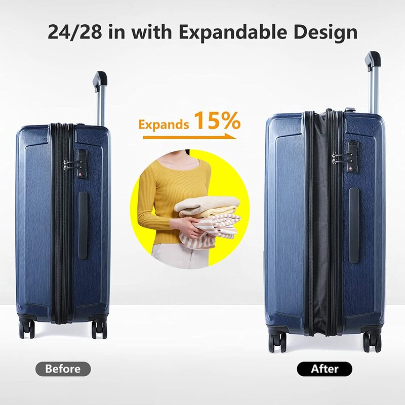 Комплект чемоданов из 2 предметов, передний карман для ноутбука 21/28 дюйма, расширяемый легкий жесткий чемодан из АБС-пластика и поликарбоната, синие чемоданы-Спиннеры с замком TSA