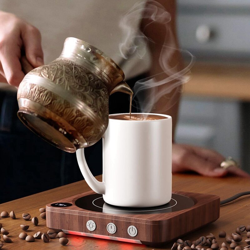 Chauffe-tasse avec affichage de la température pour bureau, chauffe-tasse à café, arrêt automatique, bougie durable, bois, 36W, 2-12 heures