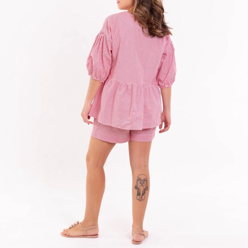 Maemukilabe-Conjunto de 2 piezas con estampado a rayas para mujer, Blusa de manga corta y pantalón corto, ropa de calle para vacaciones