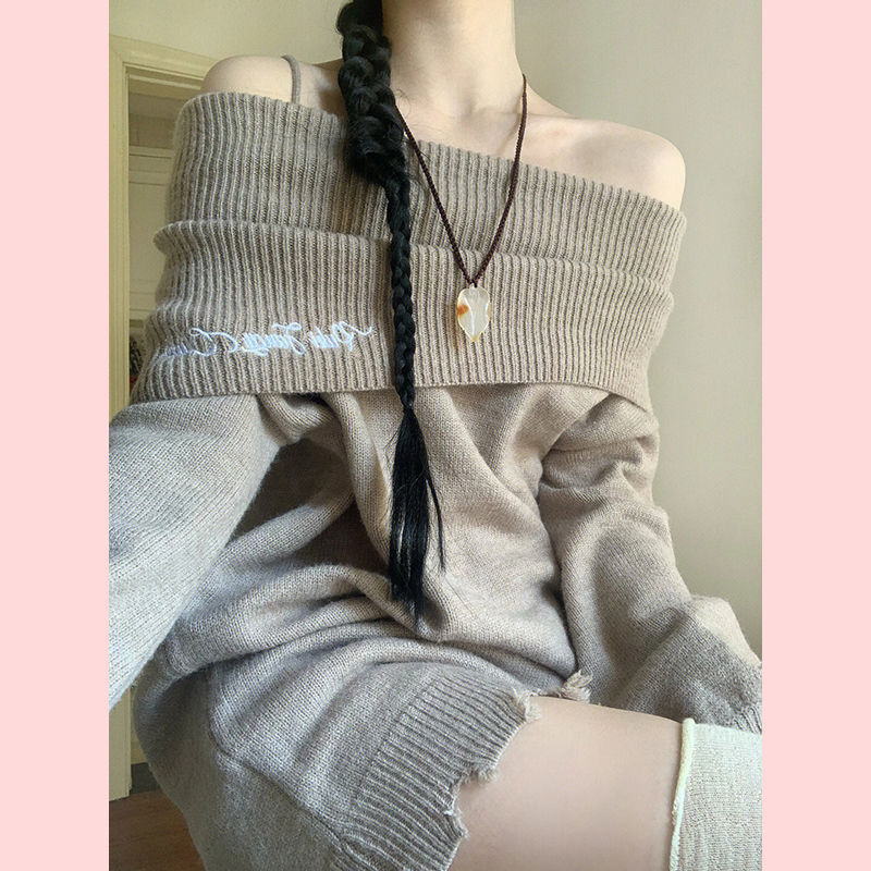 HOUZHOU-Mini Vestido de punto de una pieza para mujer, suéteres largos con hombros descubiertos, vestido ajustado Sexy, ropa de calle coreana, Y2k, Invierno