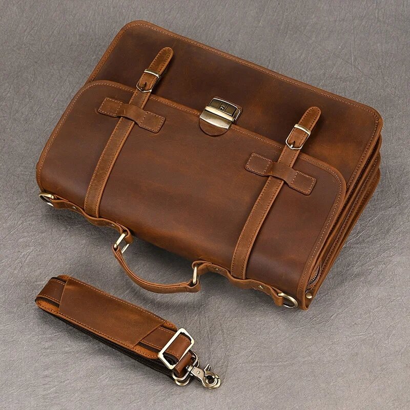 Men Genuine Leather Briefcase With Dial Lock 14 inch Laptop Business Bag Cowhide Laptop Handbag Mens Work Tote Big Shoulder Bag