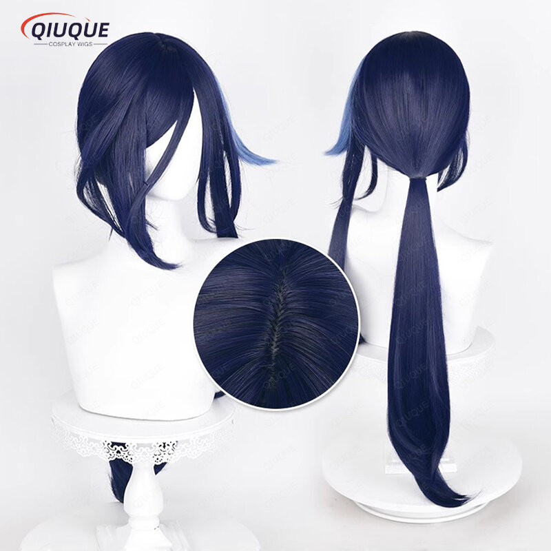 Wig Cosplay Game Impact Fontaine Clorinde Wig Anime rambut sintetik tahan panas campuran biru panjang Lurus + topi Wig