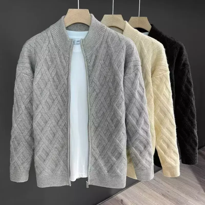 Cardigã de malha quente masculino, suéter monocromático, jacquard de emenda, manga de ombro, jaqueta casual, outono e inverno
