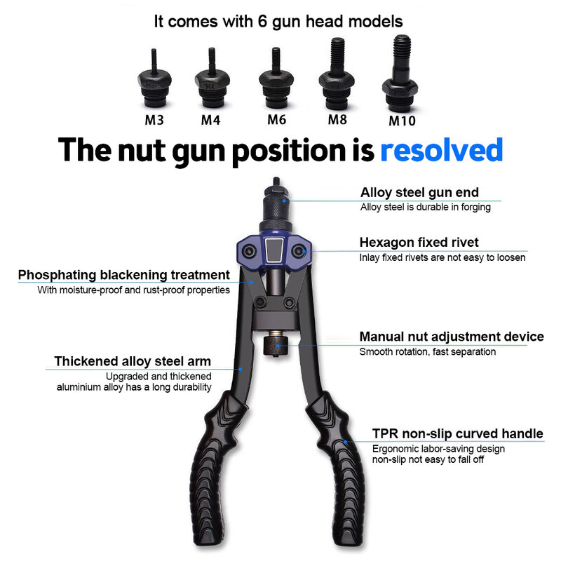 8Pcs Rivet Nut with Hand Threaded Rivet Nuts Gun M3 M4 M5 M6 M8 M10 Double Insert Manual Riveter Gun Riveting Rivnut Tool