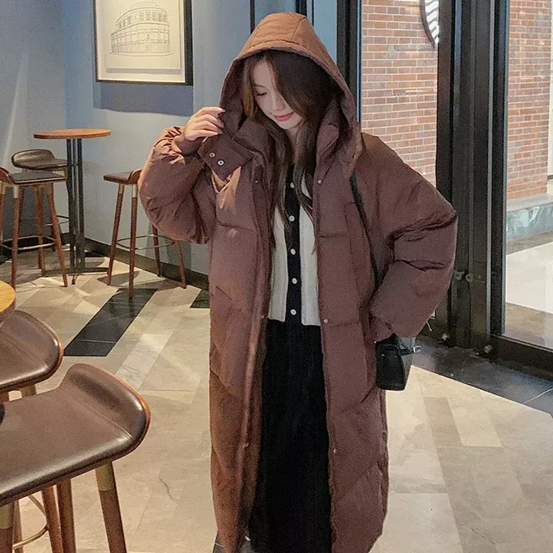 New Women Autumn Winter Button Pocket Casual Down Coat Thicken Cotton Warm Hooded Long Coat Long Sleeve Parkas Office Coat