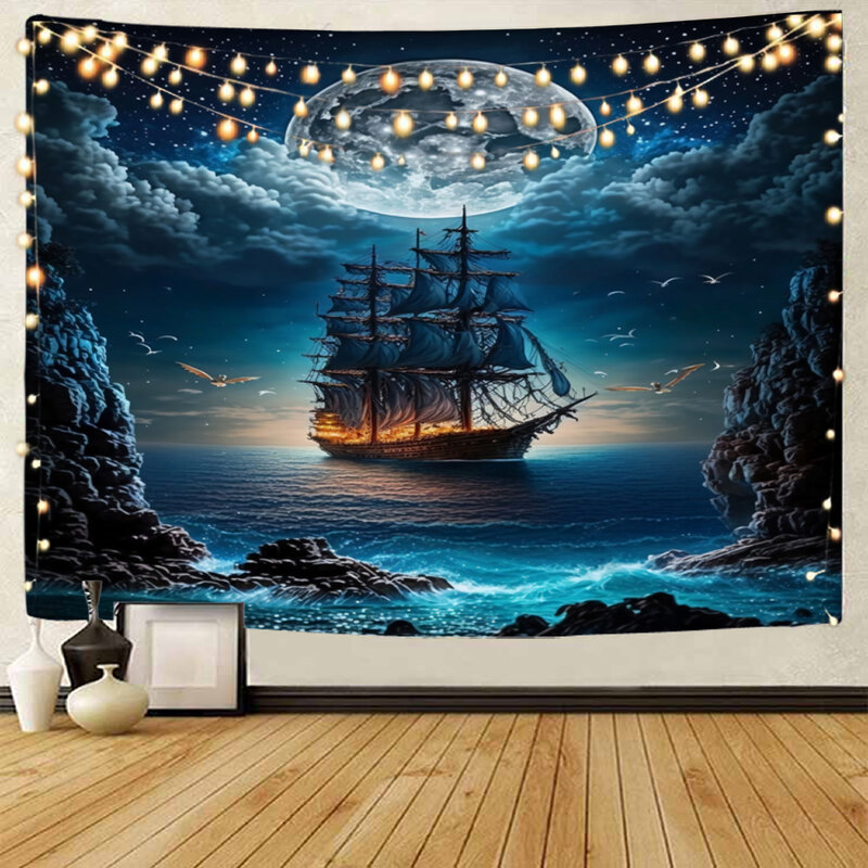Tapiz de decoración de paisaje de navegación oceánica bajo la luz de la Luna, Fondo de navegación oceánica, decoración del hogar