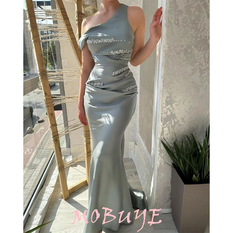 Mobuye-非対称の裸の肩,女性用,床の長さ,ノースリーブ,イブニングファッション,エレガントなパーティードレス,人気,2022