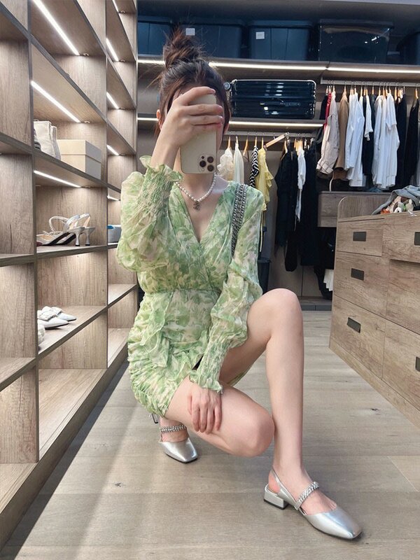 Gaun Shivering hijau lembut Cinta kualitas tinggi gaya klasik Break Tea Perancis baru untuk wanita