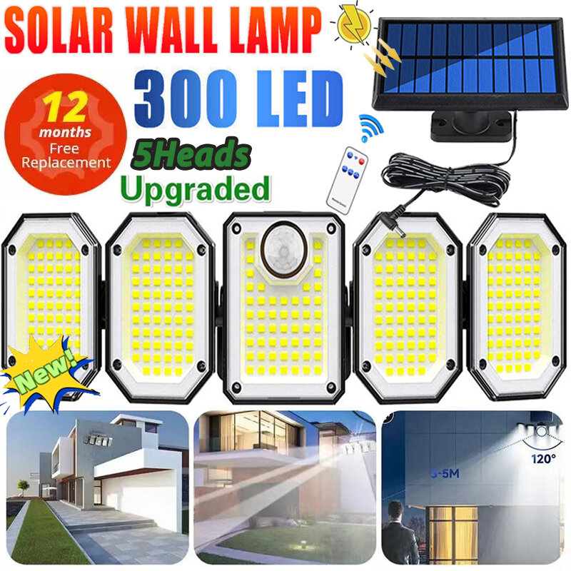 Sensor de movimento exterior Luz solar, impermeável, iluminação grande angular, lâmpada de parede, jardim, pátio, iluminação de rua, 5 cabeças, LED 300
