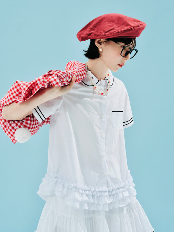 IMAKOKONI-cárdigan de encaje con solapa para mujer, camisa de manga corta, diseño original, 244588