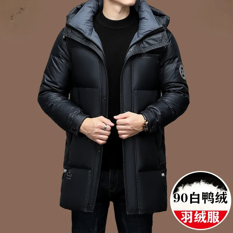 Jaket bertudung untuk pria, kualitas tinggi panjang sedang 90% jaket bebek putih tebal hangat musim dingin