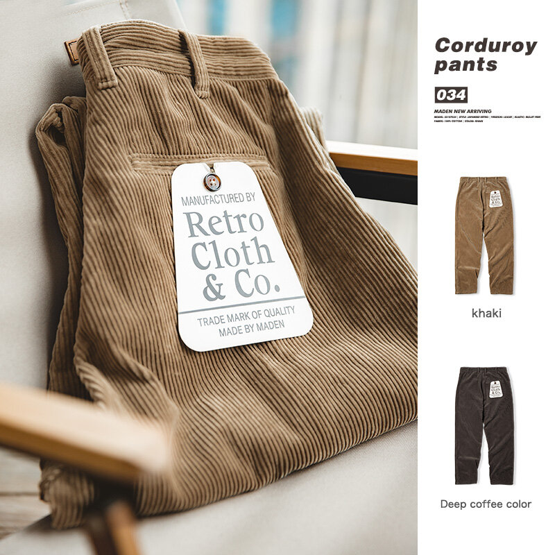 Maden ญี่ปุ่นย้อนยุคหลวม Corduroy กางเกงขากว้างกลางเอวกำมะหยี่ลายกางเกงขาทรงกระบอกผู้ชายฤดูหนาว Casual Cargo กางเกง