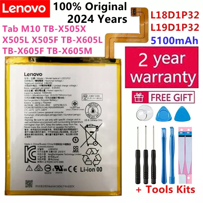 Bateria para Lenovo Tab M10 TB-X505X X505L X505F TB-X605L TB-X605F TB-X605L TB-X605F TB-X605M, 100% Original, L19D1P32