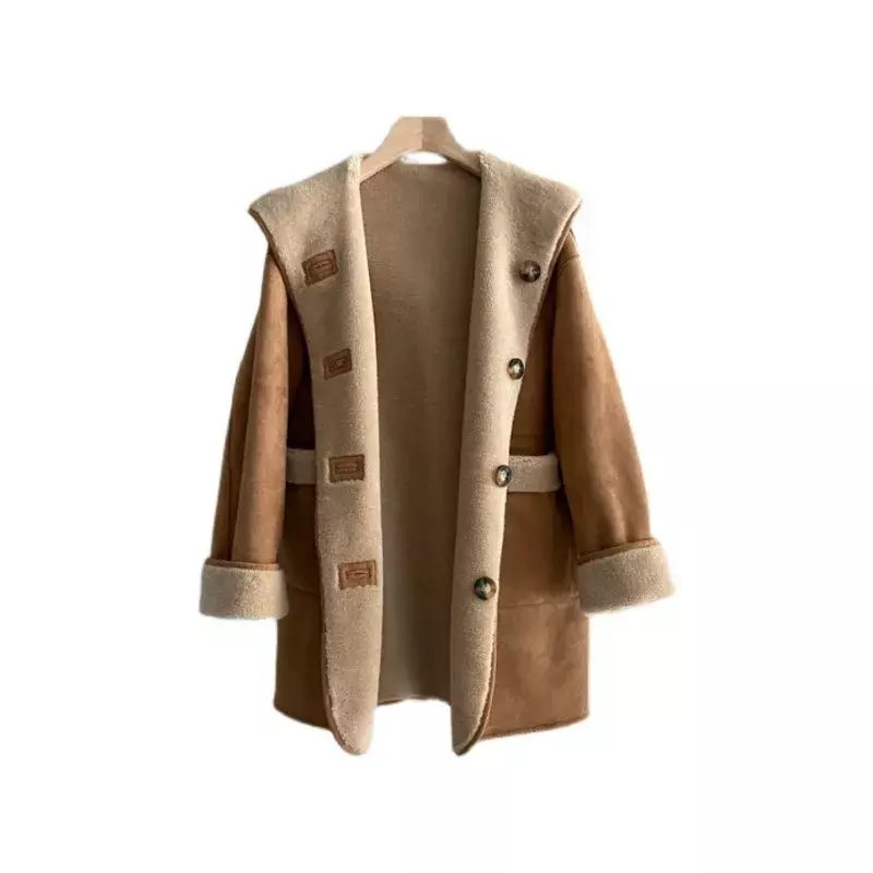 Chaqueta de piel de oveja para mujer, abrigo de lana informal de longitud media, abrigo corto con capucha coreano, moda de invierno, 2022