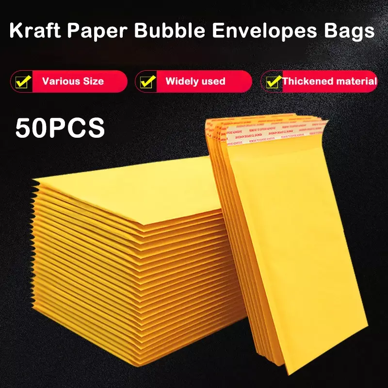50Pcs Yellow Kraft Paper Bubble Mailers Packaging Bags Self Seal Padded Envelopes Poly Lined Shipping Bags for Bussiness