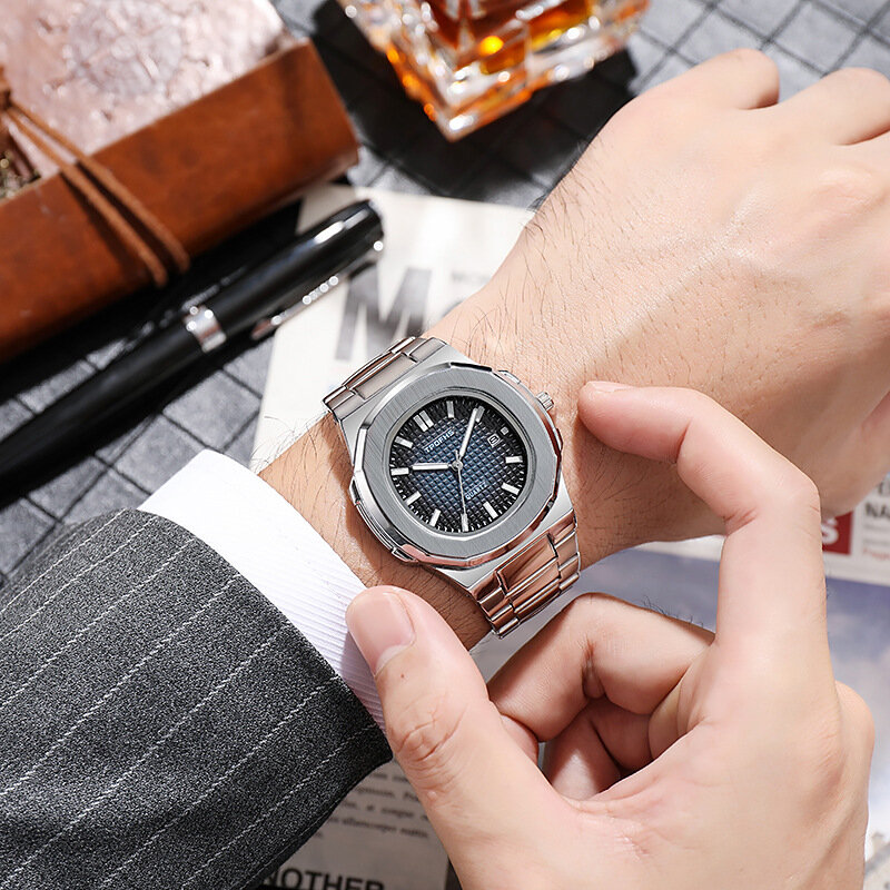 Luxury Men's Watches Original Quartz Watch Waterproof Luminous Business Stainless Steel Quartz Wristwatch Calendar Relojes Gifts