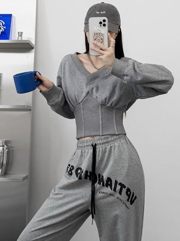 Deeptown Koreaanse Fashion Solid Cropped Hoodies Vrouwen Hip Hop Sexy Slanke Sweatshirts V-hals Casual Hoge Taille Trainingspak Tops Grunge