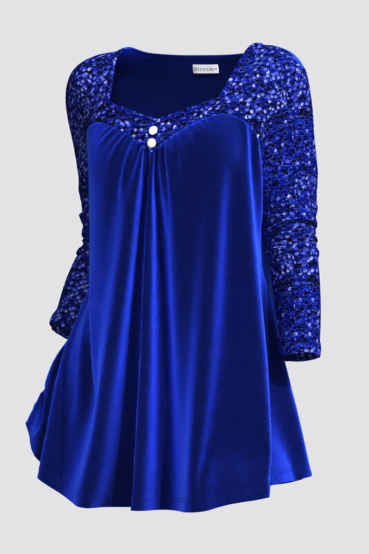 Flycurvy-camisa de manga comprida com gola quadrada, plus size, casual, veludo, espumante, patchwork lantejoulas, azul royal