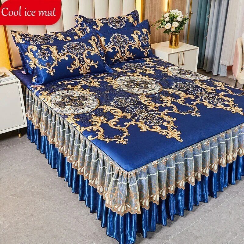 Zestaw 3 szt. Nowoczesna królewska niebieska narzuta na falbanka na ramę łóżka pościel z gumką do duży rozmiar królowej
