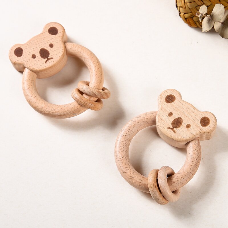 Wooden Toy Rattle Montessori Educational Toys Early Beech Animal Bear Hand Teething Wooden Ring Baby Rattles for Newborn Baby