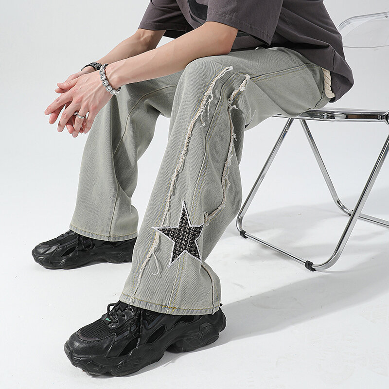 FEWQ celana panjang kaki lurus pria, Jeans trendi kasual longgar warna kontras 2024 untuk lelaki 24X9003
