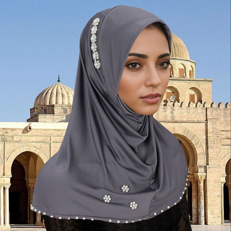 Damski szalik Instant hidżab z perłami muzułmańska koszulka Premium szalik na głowę miękki Turban oddychająca Femme Musulmane wewnętrzna hidżaby
