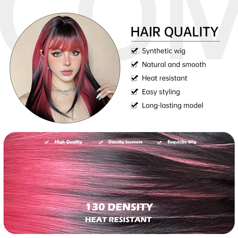 Pelucas sintéticas de capas largas y rectas para mujer, pelo de Lolita para fiesta, resistente al calor, color negro y rojo oscuro, con flequillo