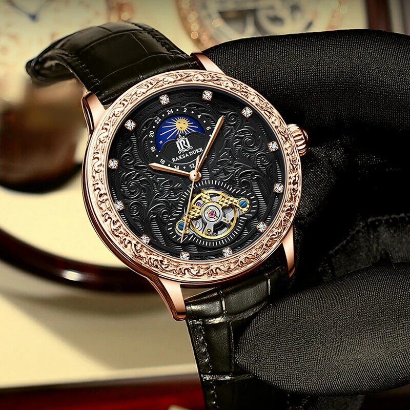 Relógio automático turbilhão masculino, relógios mecânicos com diamante, gravado em 3D, ouro rosa, fase completa, retrô, religioso