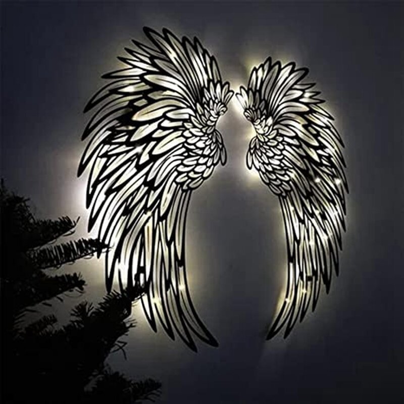 Dekorasi dinding sayap malaikat besi, patung dinding sayap malaikat LED, seni sayap bersinar dalam ruangan luar ruangan gantung dinding