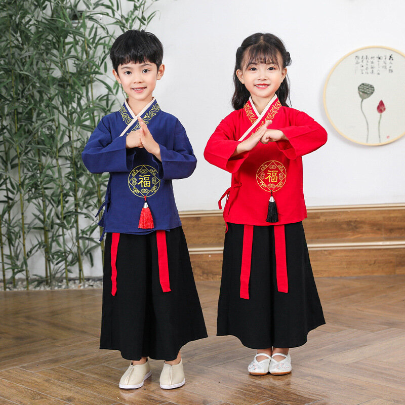 Chinese Stijl Nieuwe Jaar Kostuums Kids Hanfu Jurk Jongens Meisjes Oude Kostuums Folk Dance Stage Performance Tang Pak Kinderen