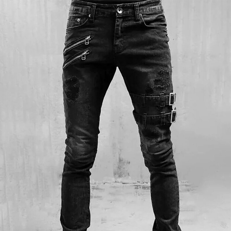 Jeans de motard élastiques droits rétro pour hommes, pantalons cargo en denim, pantalons skinny, streetwear trou à fermeture éclair, vêtements punk, zones bre, Y2K