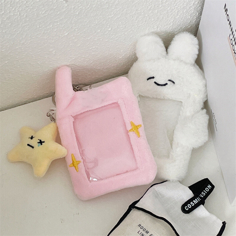 Cartoon Bear Rabbit Plush Photocard Holder, Korea Idol Photo Holder, Girl Cute Keychain, ID Credit Protector, Papelaria, 3"