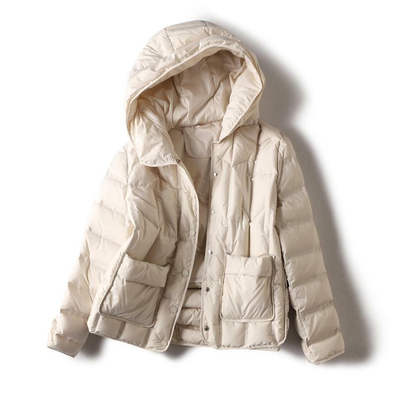 Jaket hangat wanita, jaket hangat warna polos bertudung ringan gaya Korea bebek putih 2024 musim gugur dan musim dingin 90%