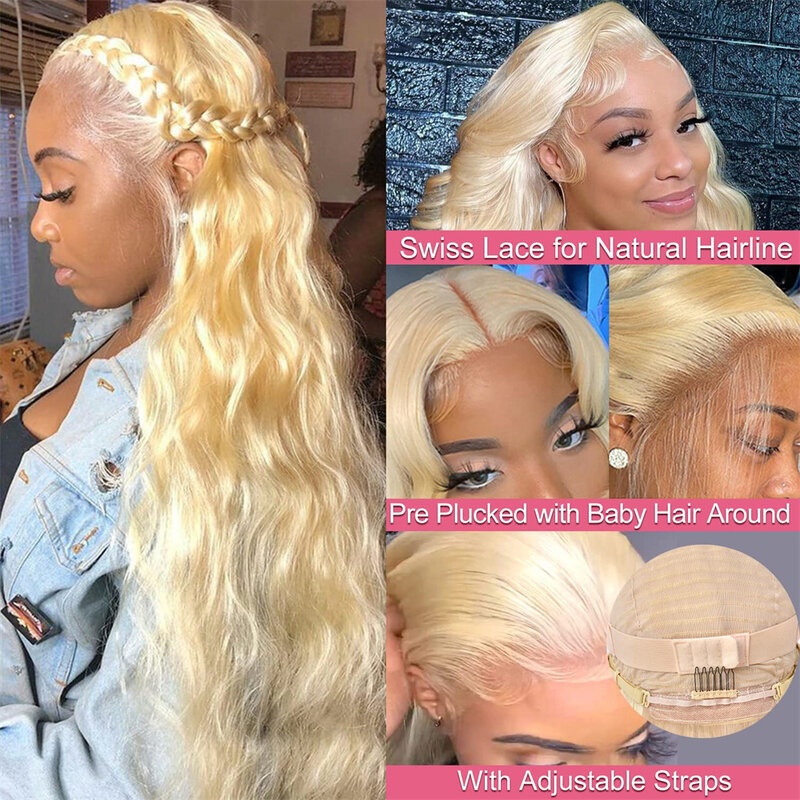 Perruque Lace Front Wig Body Wave naturelle sans colle, cheveux humains, pre-plucked, couleur blonde 613, 13x6 HD, 13x4
