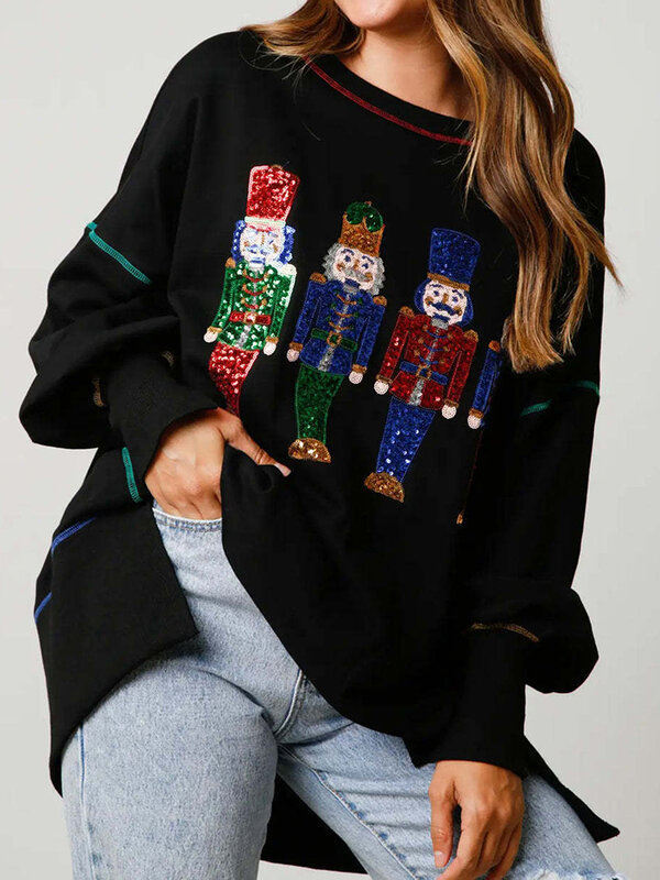 Sweatshirt wanita payet Natal, atasan Pullover lengan panjang leher Crewneck cetak grafis lucu Santa lucu