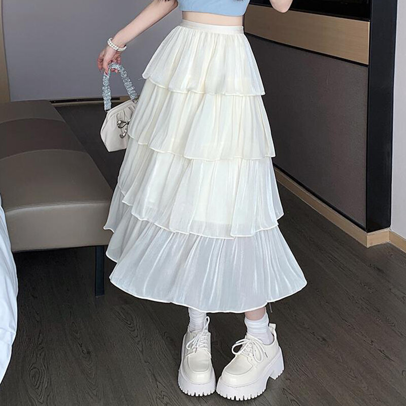 Fashion Elastic Solid Color Sweet Gauze Ruffles Skirts Female Clothing 2024 Summer New Loose All-match High Waist Skirts