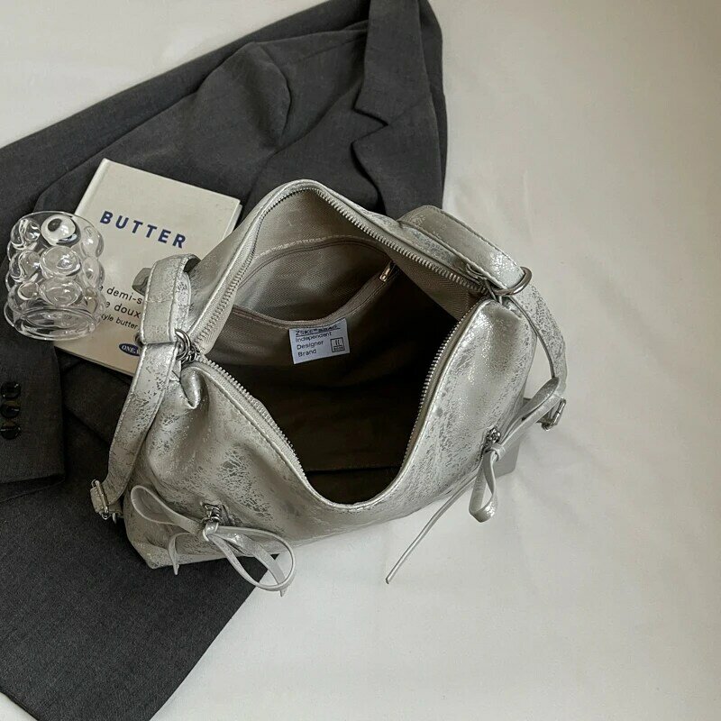 女性用リボン付き合成皮革ハンドバッグ,女性用の小さなフェミニンなショルダーバッグ,シルバーカラー,韓国のファッション,y2k,2024