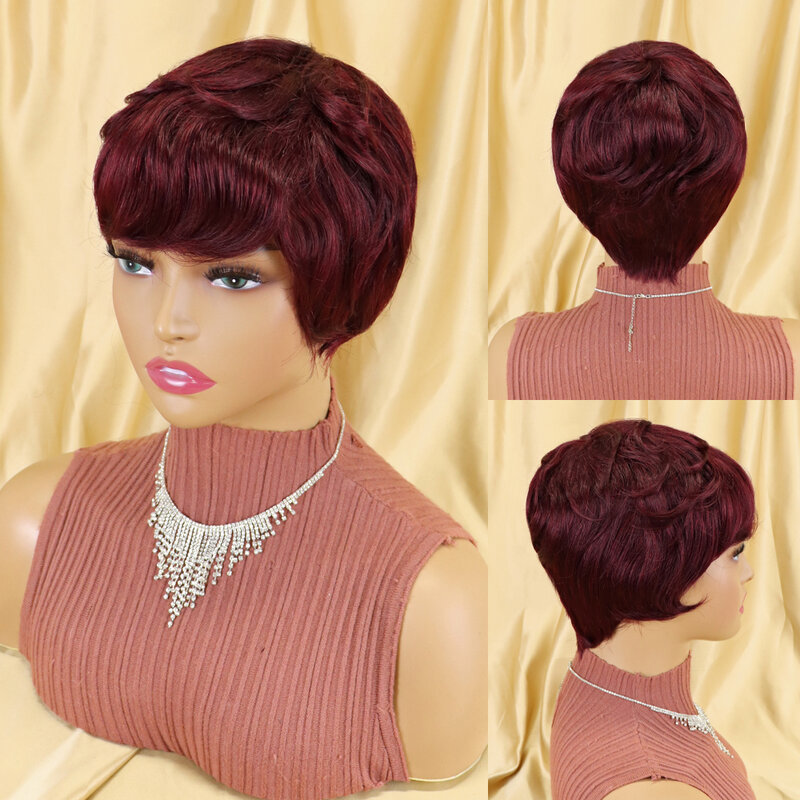 Krótki Bob prosto ludzkie peruki z grzywką brazylijski dziewiczy włosy fryzura Pixie peruka naturalne tanie ludzkie włosy peruki dla czarnych kobiet