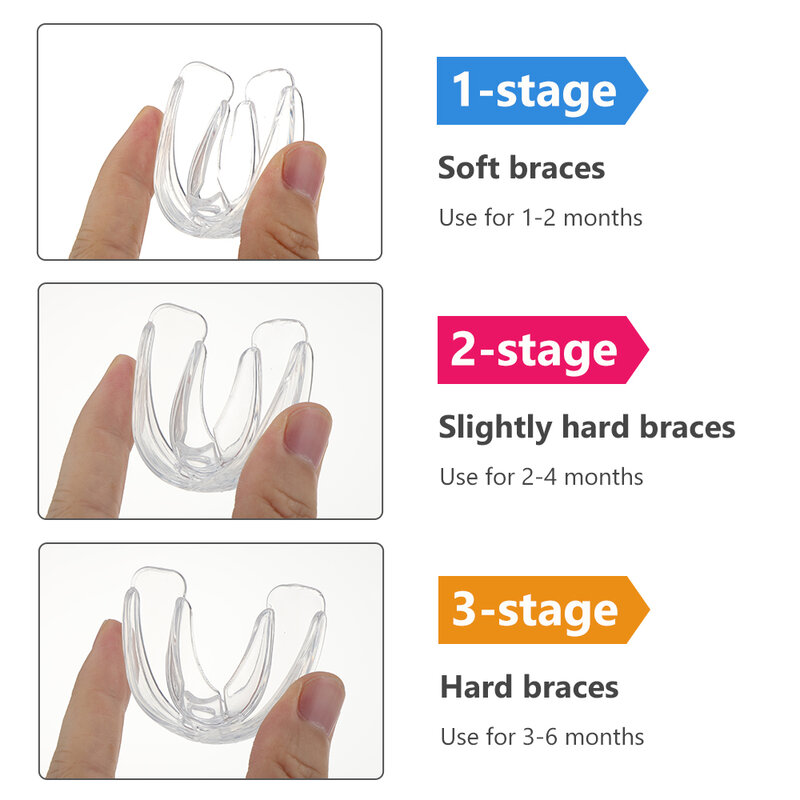 طقم دعامات لتقويم الأسنان 3 مراحل من السيليكون لمحاذاة الأسنان مصحح للأسنان بالفرشاة وحارس للفم للأطفال
