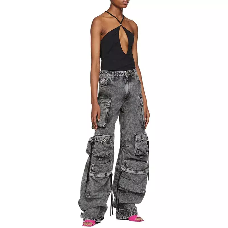 Серые дымчатые повседневные брюки в стиле хип-хоп с несколькими карманами женская уличная одежда для пожилых Новинка весна-осень длинные широкие брюки