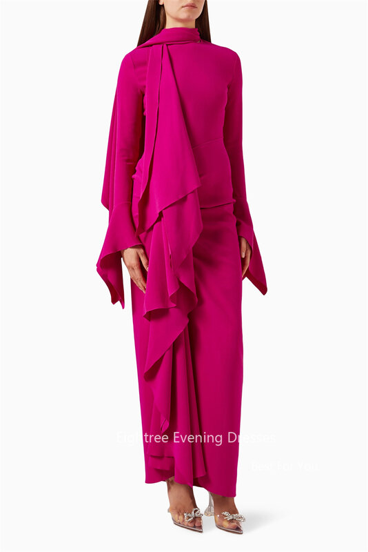 Eightree Chic Fuschia suknie wieczorowe z długimi rękawami na szyję arabskie stroje suknie na bal maturalny strach satynowa w stylu Casual, imprezowa plażowa sukienka